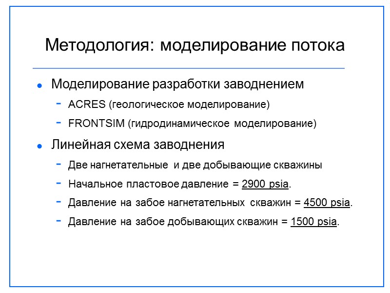 Методология: моделирование потока Моделирование разработки заводнением ACRES (геологическое моделирование) FRONTSIM (гидродинамическое моделирование) Линейная схема